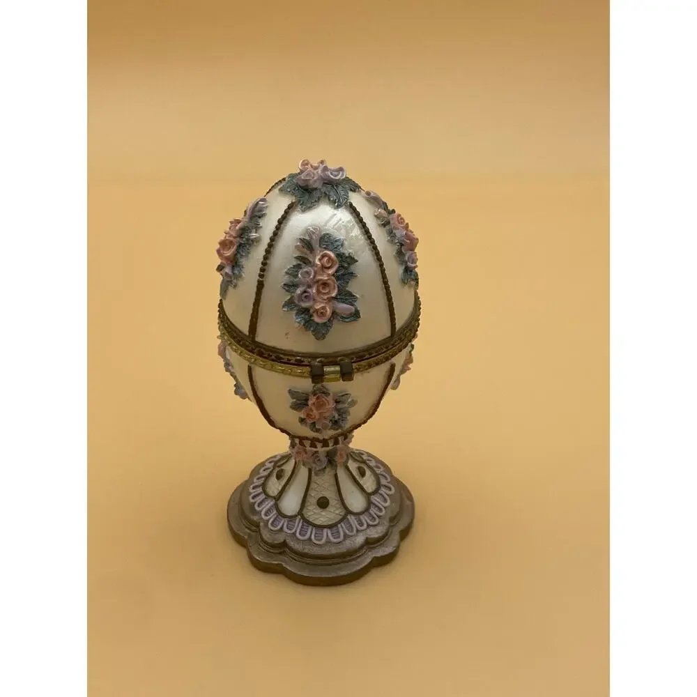 Vintage Egg Shaped Floral Metal Jewelry Box w/ Hinged Lid, Fabric Lined Interior